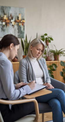 Psycholog prowadząca terapię indywidualną z dojrzałą kobietą w przytulnym gabinecie centrum psychologicznego w Warszawie, robi notatki podczas rozmowy.