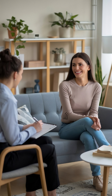 Pacjentka rozmawia z psychologiem w gabinecie w Warszawie w trakcie terapii indywidualnej, siedząc na sofie w ciepłej i wspierającej atmosferze centrum psychologicznego.