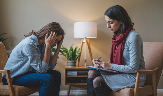 Kobieta z głową w dłoniach uczestniczy w terapii indywidualnej z psychologiem w centrum psychologicznym w Warszawie, szukając wsparcia w trudnym emocjonalnie momencie.