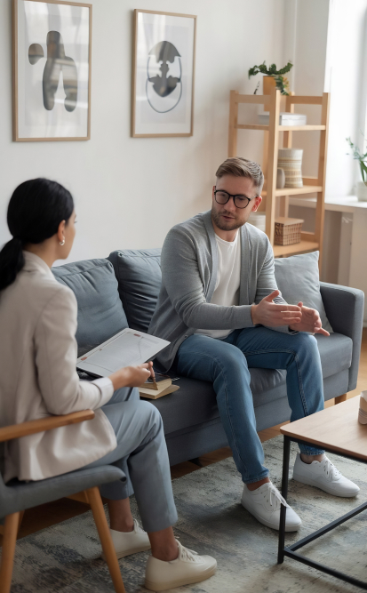 Psycholog prowadzi terapię indywidualną z młodym mężczyzną w gabinecie centrum psychologicznego w Warszawie, siedzącym na sofie w spokojnym i nowoczesnym wnętrzu.