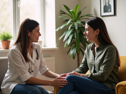 Pacjentka rozmawia z psychologiem w przyjaznym gabinecie centrum psychologicznego w Warszawie, w trakcie indywidualnej sesji terapeutycznej w atmosferze zaufania i empatii.