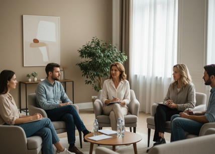 Kilka osób siedzących w kręgu w jasnym i przestronnym pomieszczeniu, z psychologiem prowadzącym dyskusję. Uczestnicy wyglądają na zaangażowanych i otwartych. W tle mogą znajdować się subtelne elementy wystroju, takie jak rośliny lub dzieła sztuki, dodające ciepła i komfortu.